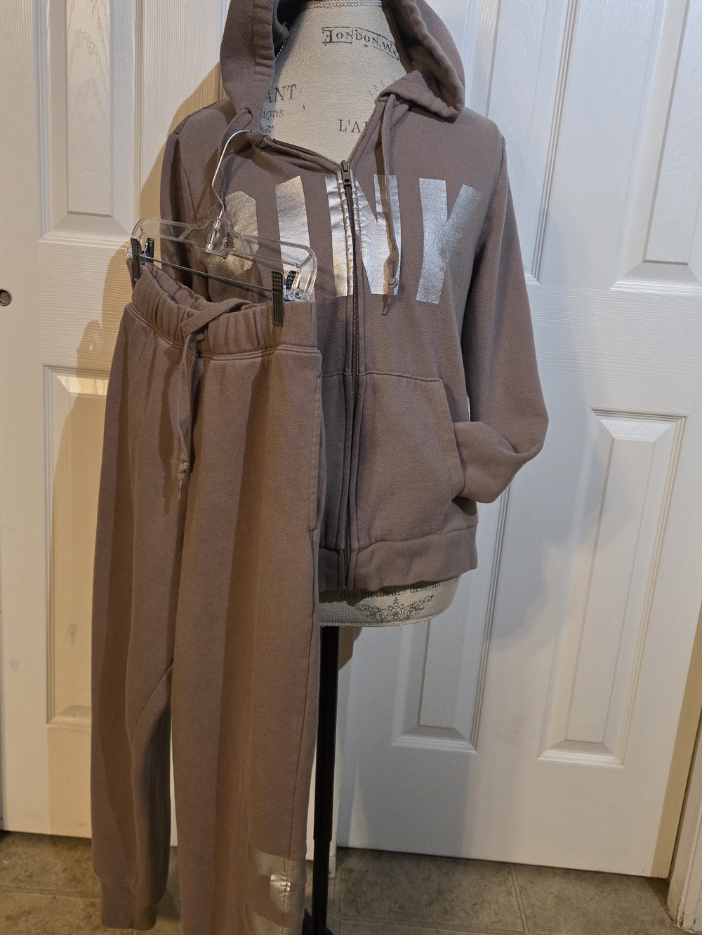 PINK Victoria's Secret Taupe Zip Hoodie & Joggers Set with Silver Logo